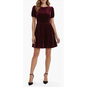 Lush Burgundy Velvet Puff Sleeve Mini Dress with Back Bow Size 8 NEW
